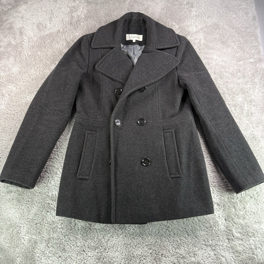Calvin Klein Wool Blend Peacoat Womens Size 4 Charcoal Gray Double Breasted